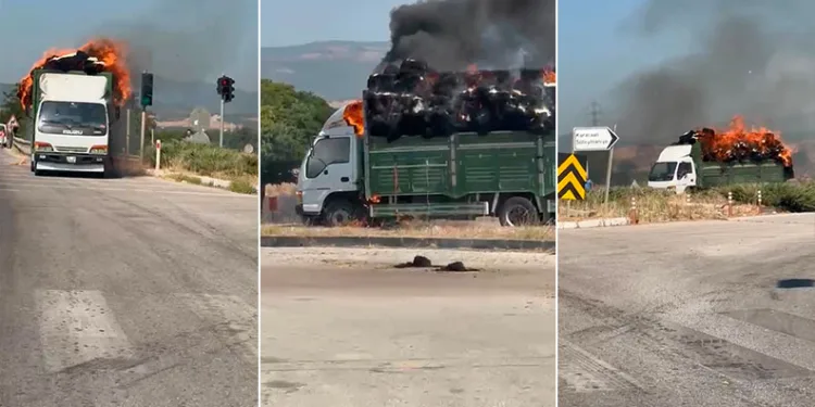 Bursa’da saman yüklü kamyonet alev alev yandı