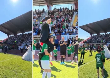 Final maçını gelinlik ve damatlıkla izlediler