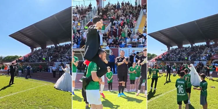 Final maçını gelinlik ve damatlıkla izlediler