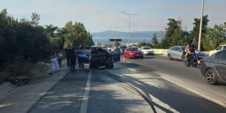 Alev alan otomobil zeytinlik alana sıçramadan söndürüldü