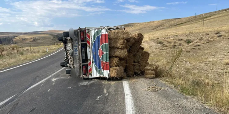 Erzurum’da ot yüklü kamyonet devrildi: 2 yaralı