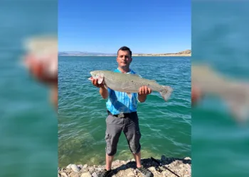 Amatör balıkçı oltayla 5,5 kiloluk alabalık yakaladı