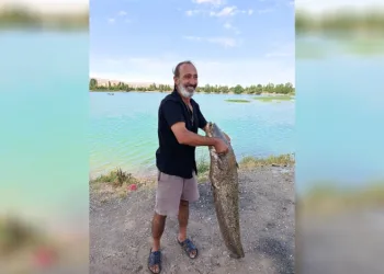 Küçük gölette 1,5 metrelik devasa balık yakaladı, mutluluğu kameraya yansıdı