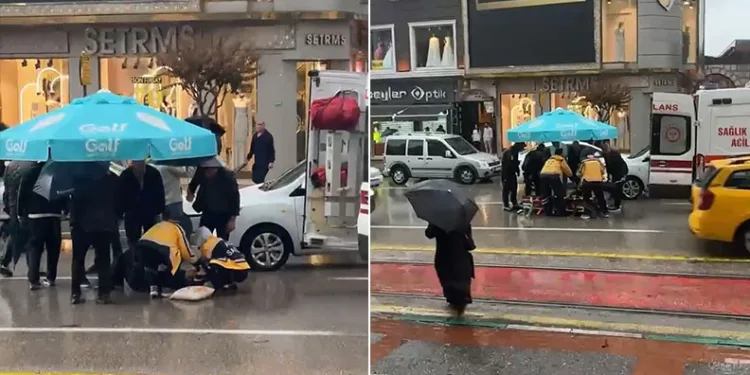 Bursa’da otomobilin çarptığı yayaya, vatandaşlar şemsiye tuttu
