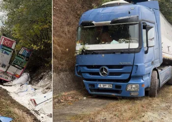 İnegöl’de şeker yüklü tır yağmur suyu kanalına uçtu