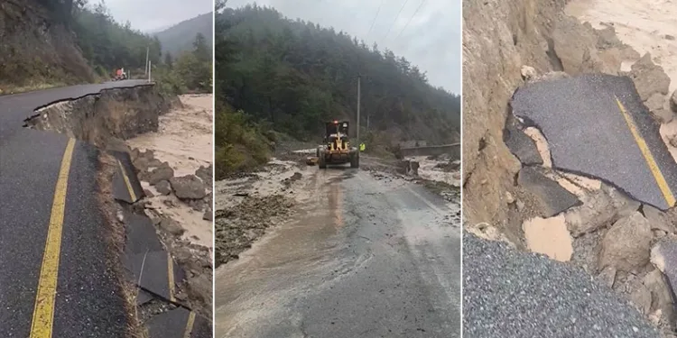 Dere taşma noktasına geldi: Hızlı akan sular yolu çökertti