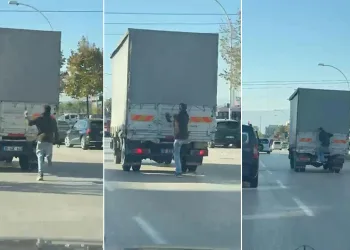 Bursa’da kamyonetin arkasına çıktı, canını hiçe saydı