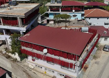 Kurutmalık biberler mahalleyi kırmızıya bürüdü
