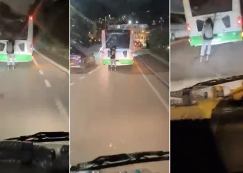 Otobüsün arkasına tutunarak patenle yolculuk etti