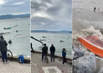 Lodosun batırdığı tekneler vinçle denizden çıkarılıyor